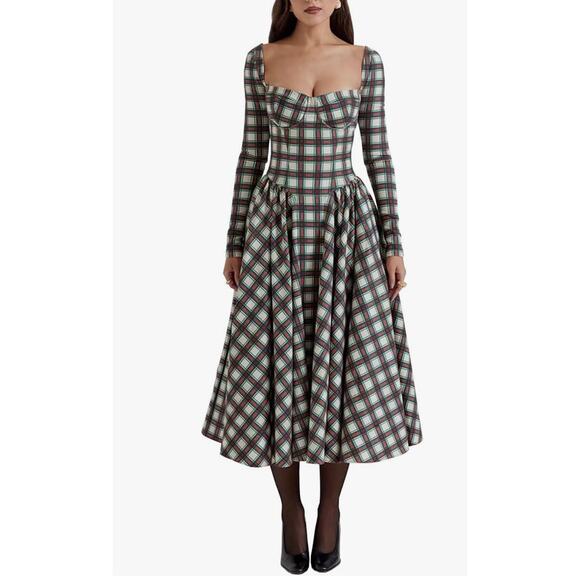 Women's Christmas Plaid Maxi Dress Long Sleeve Tube Top Square Neck A Line Long - Picture 1 of 4